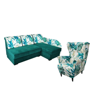 Mały narożnik Emilia z dużym spaniem i fotelem Uszak