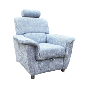 Fotel z wysokim oparciem z zagłówkiem i otwieranym pojemnikiem.