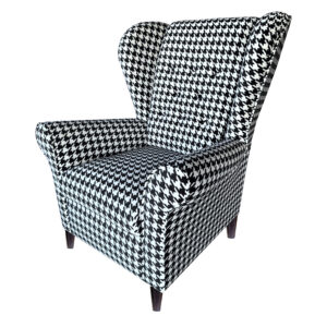 Nowoczesny Fotel Uszak w czarno białą pepitkę